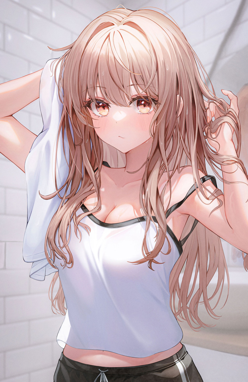 1girl arm_up bare_arms bare_shoulders black_shorts blush breasts brick_wall brown_eyes brown_hair camisole cleavage closed_mouth collarbone commentary_request funii hand_up hands_in_hair highres indoors looking_at_viewer medium_breasts navel original shorts solo strap_slip towel wet wet_hair white_camisole