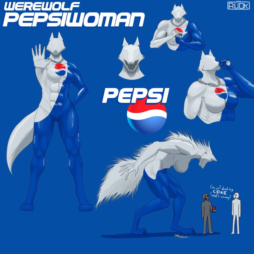 behind_another coke drinking_soda female hi_res imminent_death larger_female looking_at_viewer pepsi pepsi_man pepsiman_(character) pepsiwoman_(character) ruok_9311 size_difference werewolf_pepsiwoman