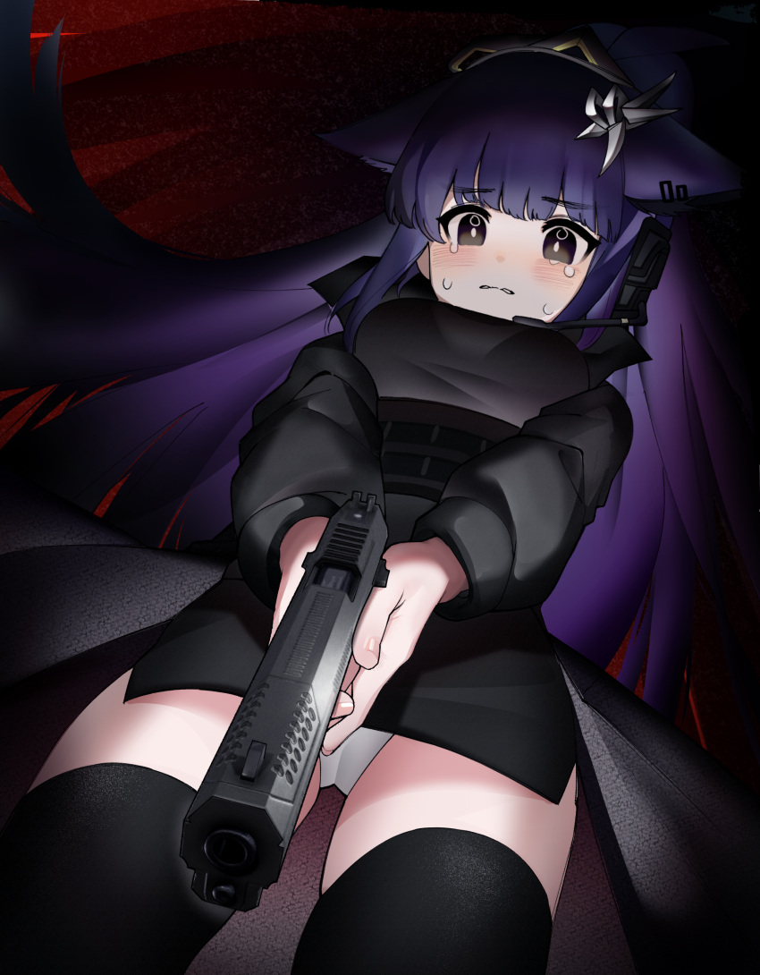 1girl absurdres animal_ears arknights black_hair black_thighhighs cat_ears crying from_below green_eyes gun hair_ornament handgun highres holding holding_gun holding_weapon jessica_(arknights) jessica_the_liberated_(arknights) long_hair long_sleeves official_alternate_costume panties soda_(sod4) solo standing tears thighhighs underwear upskirt weapon white_panties