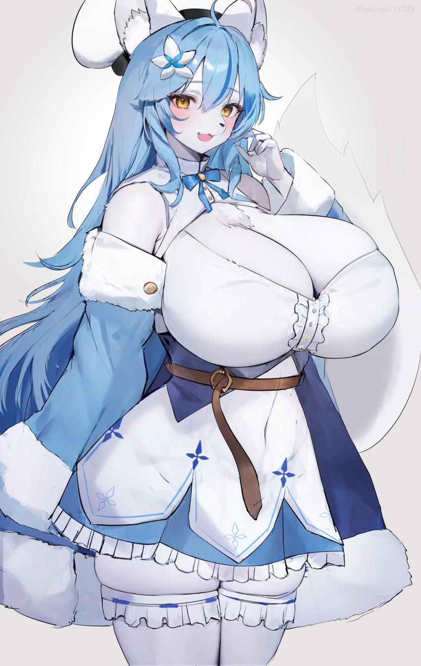absurd_res anthro big_breasts blue_hair breasts canid canine cleavage clothed clothing dress female fur hair hi_res huge_breasts kakuteki11029 mammal solo white_body white_fur