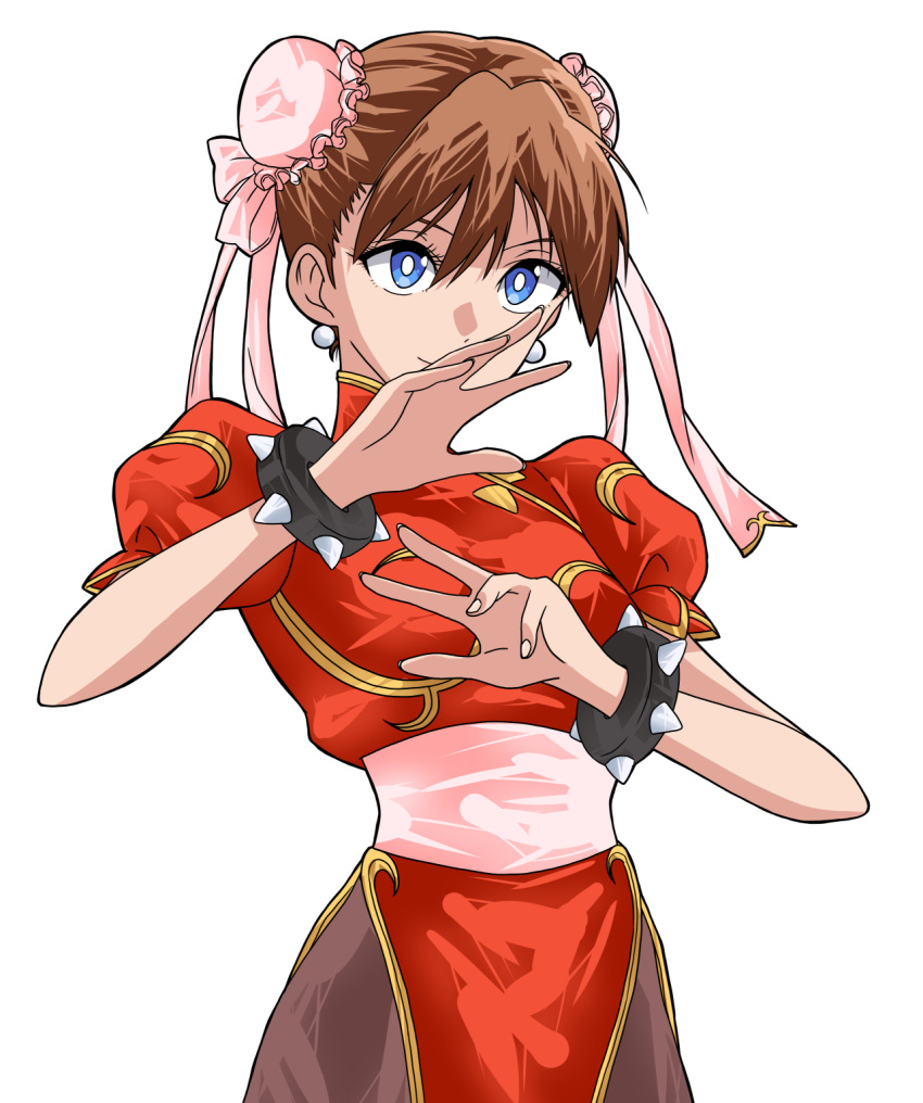 adapted_costume blue_eyes bracelet breasts bright_pupils brown_hair brown_pantyhose bun_cover china_dress chinese_clothes chun-li chun-li_(cosplay) cosplay double_bun dress earrings fighting_stance glasses hair_bun hair_ribbon hair_up hands_up highres jewelry light_smile mandarin_collar medium_breasts neon_genesis_evangelion pantyhose pelvic_curtain pink_ribbon pink_sash puffy_short_sleeves puffy_sleeves red_dress ribbon sash sasihmi short_sleeves side_slit simple_background smile souryuu_asuka_langley spiked_bracelet spikes standing street_fighter toggles white_background white_pupils