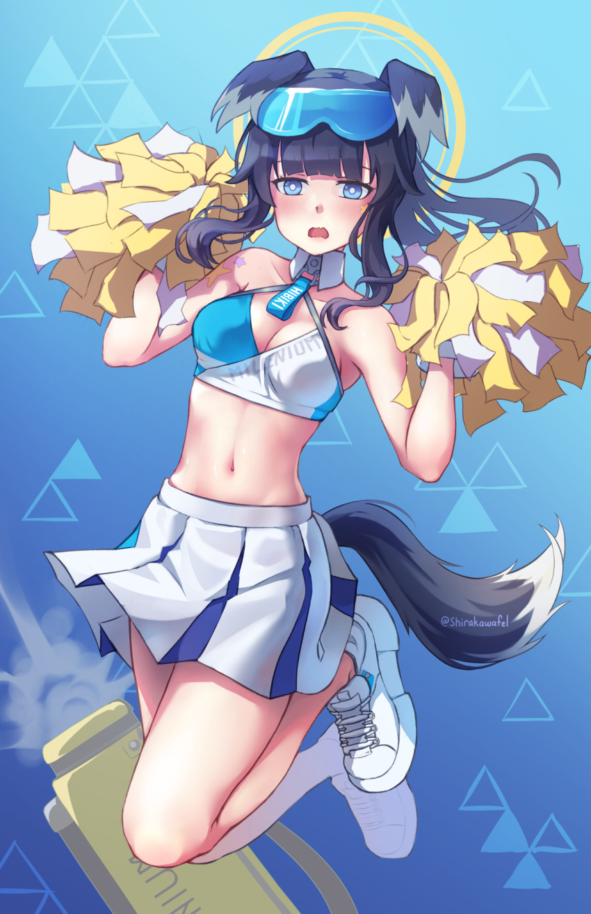 1girl animal_ears aqua_eyes black_hair blue_archive breasts character_name cheerleader cleavage commentary_request detached_collar dog_ears dog_girl dog_tail eyewear_on_head hair_between_eyes halo hibiki_(blue_archive) hibiki_(cheerleader)_(blue_archive) highres holding holding_pom_poms jumping long_hair looking_at_viewer navel official_alternate_costume pom_pom_(cheerleading) ponytail shirakawafel shoes sidelocks sleeveless sneakers solo stomach sunglasses tail