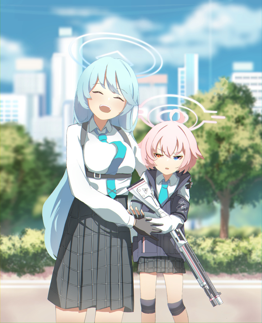 2girls :d ^_^ absurdres aged_down ahoge aqua_hair armband beretta_1301 black_gloves blue_archive blue_necktie blue_sky blurry building bulletproof_vest closed_eyes cloud cloudy_sky collared_shirt commentary depth_of_field english_commentary fingerless_gloves gloves gun halo hand_on_another's_shoulder height_difference heterochromia highres hoshino_(blue_archive) k.n.q knee_pads long_hair long_sleeves looking_at_another looking_at_viewer multiple_girls necktie outdoors park pink_hair plaid plaid_skirt pleated_skirt school_uniform shirt short_hair shotgun shoulder_strap sidelocks skirt sky skyline skyscraper smile tactical_clothes tree weapon yume_(blue_archive)