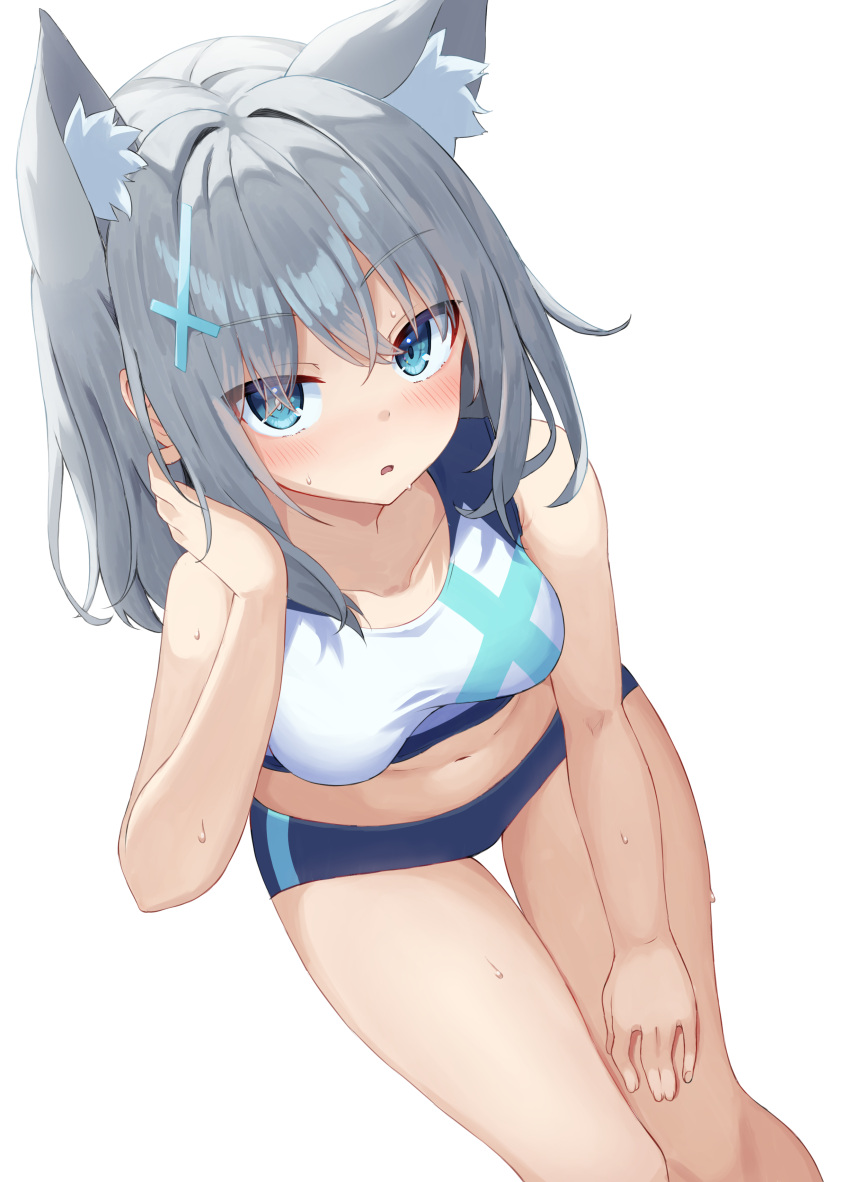 1girl :o absurdres animal_ear_fluff animal_ears bare_arms bare_shoulders bent_over blue_archive blue_eyes blush breasts cowboy_shot crop_top grey_hair hair_ornament hand_up highres kajitsu_no_hito looking_at_viewer medium_breasts midriff navel open_mouth shiroko_(blue_archive) simple_background solo stomach sweat thighs white_background
