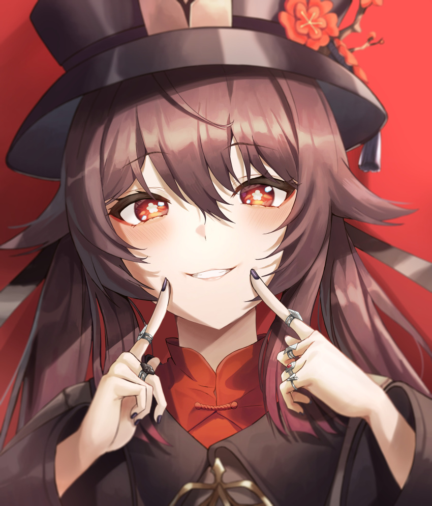 1girl absurdres black_headwear black_nails blush brown_hair chinese_clothes close-up collared_coat fingersmile flower flower-shaped_pupils genshin_impact hair_between_eyes hat hat_flower highres hu_tao_(genshin_impact) jewelry long_hair long_sleeves looking_at_viewer multiple_rings plum_blossoms porkpie_hat portrait red_background red_eyes red_flower ring slime_nyang smile solo symbol-shaped_pupils tassel_hat_ornament teeth thumb_ring twintails very_long_hair