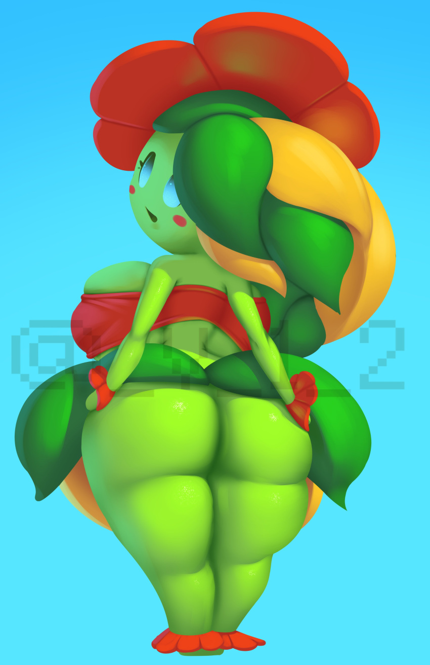 absurd_res bellossom big_butt breasts butt dibujosv12 elemental_creature elemental_humanoid female flora_fauna generation_2_pokemon green_body green_skin hi_res humanoid medium_breasts nintendo petal_dress petals plant plant_humanoid pokemon pokemon_(species) presenting presenting_hindquarters pseudo_clothing red_petals solo