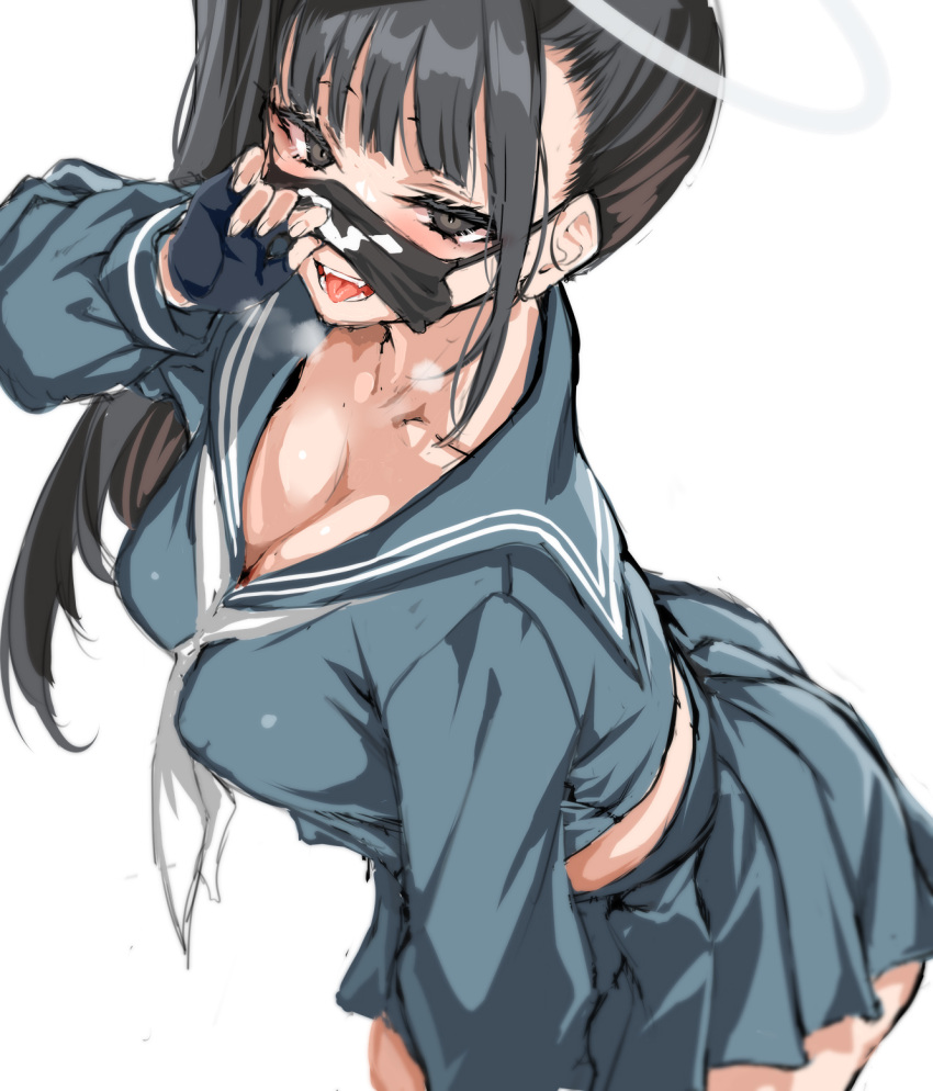 1girl black_hair black_mask blue_archive blue_serafuku blunt_bangs blush breasts cle_masahiro cleavage collarbone cropped_shirt fingerless_gloves gloves halo highres large_breasts leaning_forward long_sleeves looking_at_viewer mask mask_lift mouth_mask neckerchief pleated_skirt school_uniform serafuku side_ponytail simple_background skirt solo steam sukeban_(smg)_(blue_archive) tongue tongue_out white_background white_neckerchief