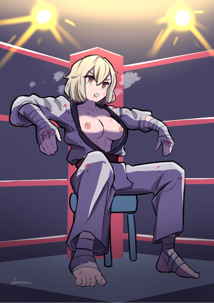 1girl amazu_(kurozu) blonde_hair blood blood_on_clothes blood_on_face boxing_ring breasts breasts_out collarbone commentary commission dougi english_commentary eyebrows_hidden_by_hair foot_wraps full_body hair_between_eyes hand_wraps heavy_breathing highres karate_gi medium_breasts nipples original red_eyes signature sitting solo spotlight stool thick_eyebrows