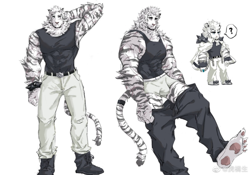 1boy ? animal_ears arknights arm_behind_head bara bare_arms black_pants black_tank_top boxers bulge covered_abs deformed facial_hair full_body furry furry_male goatee grey_male_underwear hujusheng large_pectorals looking_away male_focus male_underwear mature_male mountain_(arknights) muscular muscular_male pants pectorals short_hair shy spoken_question_mark sprite sprite_art standing tank_top thick_eyebrows tiger_boy tiger_ears underwear undressing white_fur