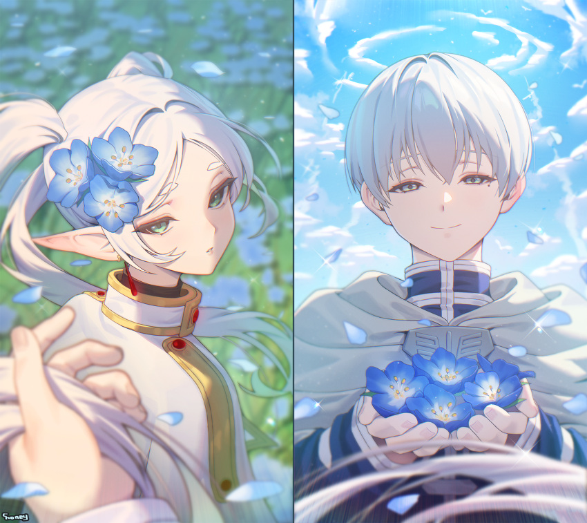 1boy 1girl blue_flower c.honey capelet elf falling_petals female_pov field flower flower_field frieren grey_hair hair_flower hair_ornament hetero highres himmel_(sousou_no_frieren) long_hair looking_at_viewer looking_back mole mole_under_eye outdoors petals pointy_ears pov pov_hands smile sousou_no_frieren stitched twintails upper_body very_long_hair white_capelet