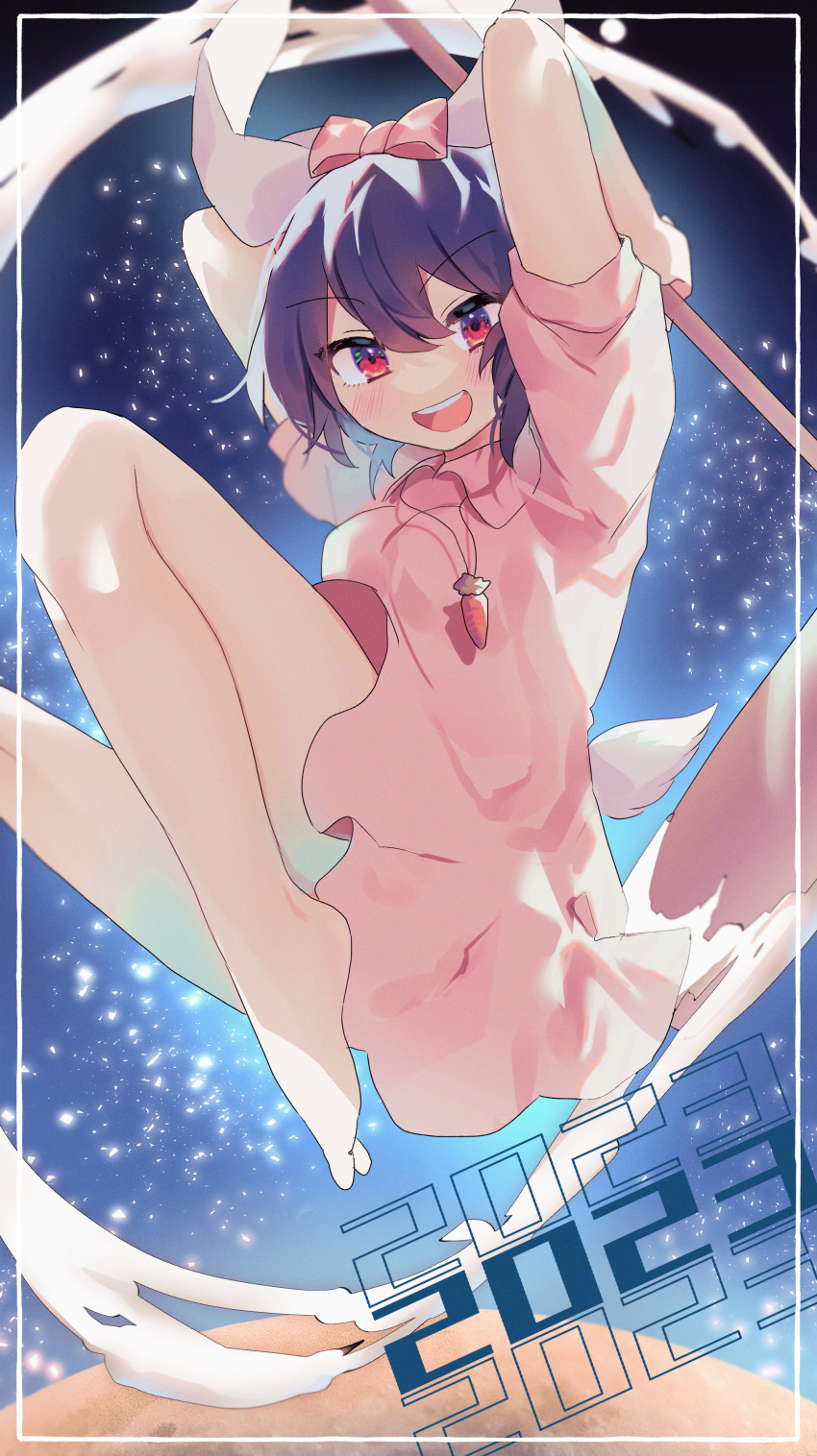 1girl 2023 :d absurdres animal_ears arms_up bare_legs barefoot black_hair blush bow breasts carrot_necklace commentary_request dress foot_out_of_frame hair_between_eyes hair_bow haruwaka_064 highres holding holding_mallet inaba_tewi jewelry kine looking_at_viewer mallet necklace open_mouth petite pink_bow pink_dress rabbit_ears rabbit_tail red_eyes short_hair short_sleeves small_breasts smile solo tail teeth touhou upper_teeth_only