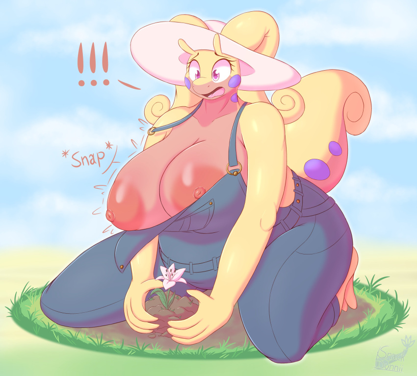 absurd_res anthro big_breasts breasts clothed clothing female generation_6_pokemon goodra hi_res huge_breasts nintendo nipples overalls pokemon pokemon_(species) snackbunnii solo