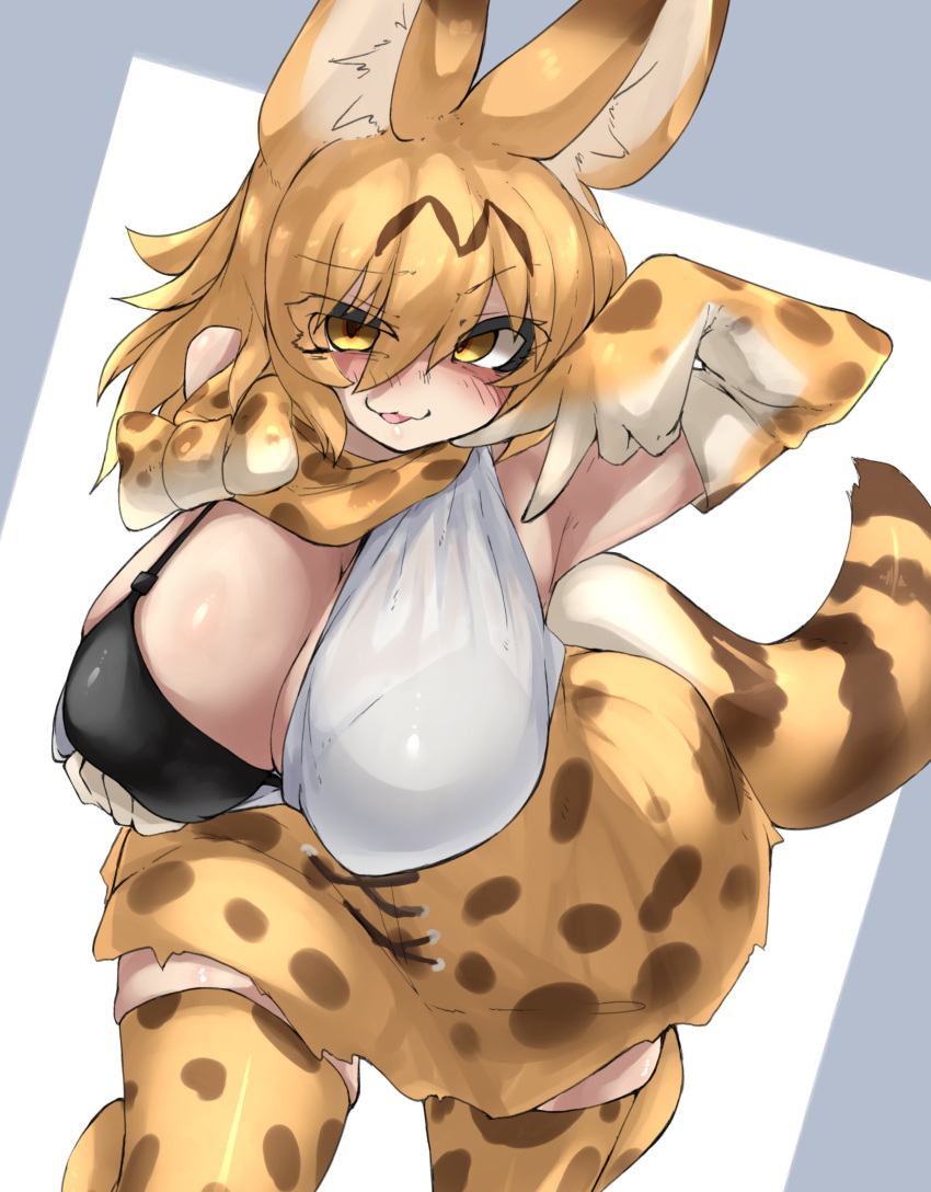 :3 absurd_res animal_humanoid armwear blush bottomwear bow_tie bra breasts cleavage clothed clothing dipstick_tail elbow_gloves felid felid_humanoid feline feline_humanoid female gesture gloves handwear hi_res humanoid inner_ear_fluff kemono_friends legwear mammal mammal_humanoid markings medium_hair open_mouth pattern_clothing pattern_legwear serval-chan serval_humanoid shirt skirt solo spots spotted_clothing spotted_legwear striped_markings striped_tail stripes tail tail_markings thigh_highs topwear translucent translucent_clothing tuft underwear undressing urisaba v_sign yellow_eyes