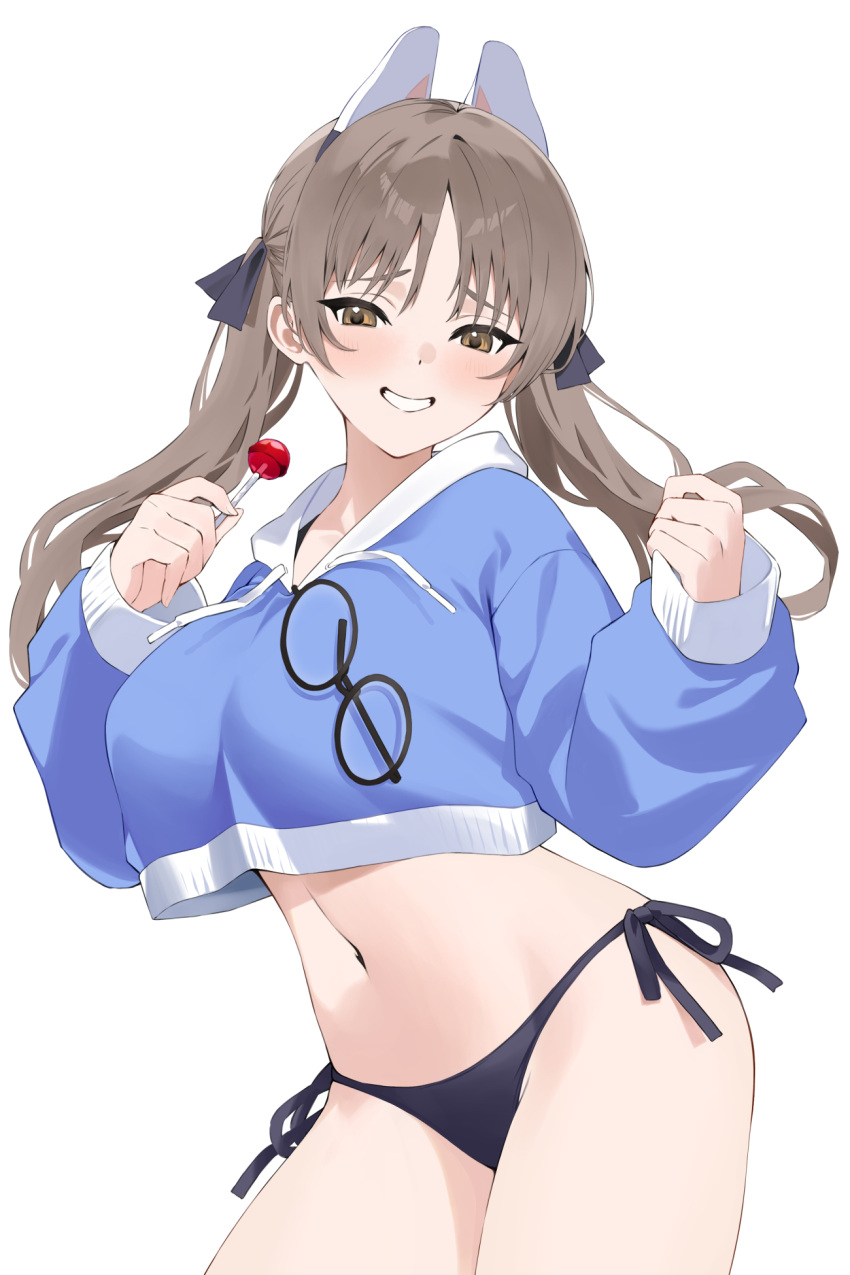 1girl ao_(aokisora_ao) bikini black-framed_eyewear black_bikini blue_archive breasts brown_eyes brown_hair candy commentary eyewear_on_clothing food glasses highres holding holding_candy holding_food holding_lollipop large_breasts lollipop long_hair looking_at_viewer moe_(blue_archive) moe_(swimsuit)_(blue_archive) navel official_alternate_costume round_eyewear side-tie_bikini_bottom simple_background smile solo swimsuit twintails white_background