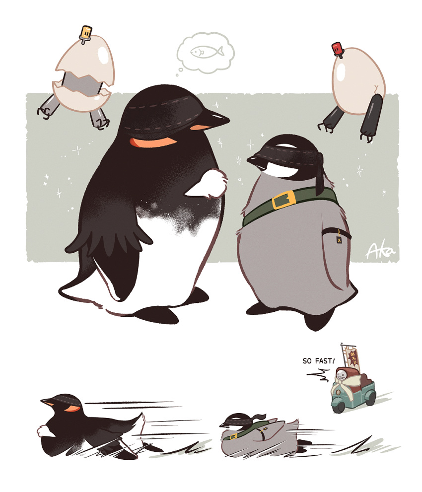 ambiguous_gender armband avian backpack bird black_body blindfold digital_media_(artwork) duo_focus egg english_text female_(lore) feral feralized fish grey_body group hi_res machine male_(lore) mammal marine missaka nier_automata penguin pod_042 pod_153 robot simple_background size_difference sliding standing tail text thought_bubble white_body yorha_2b yorha_9s