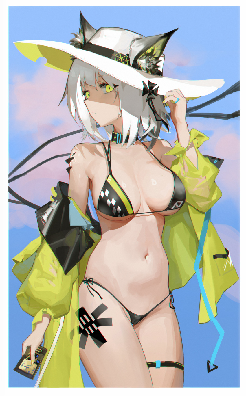 1girl absurdres adjusting_clothes adjusting_headwear animal_ear_fluff animal_ears arknights bare_shoulders bikini black_bikini black_choker blue_background border breasts cameltoe cat_ears cat_girl chinese_commentary choker closed_mouth commentary_request cowboy_shot ears_through_headwear green_eyes green_jacket hat headhunting_permit_(arknights) highres jacket jewelry kal'tsit_(arknights) large_breasts looking_at_viewer looking_to_the_side medium_hair navel off-shoulder_jacket off_shoulder oripathy_lesion_(arknights) rhodes_island_logo ring solo splitting0 stomach sun_hat sweat swimsuit thigh_strap white_border white_hair