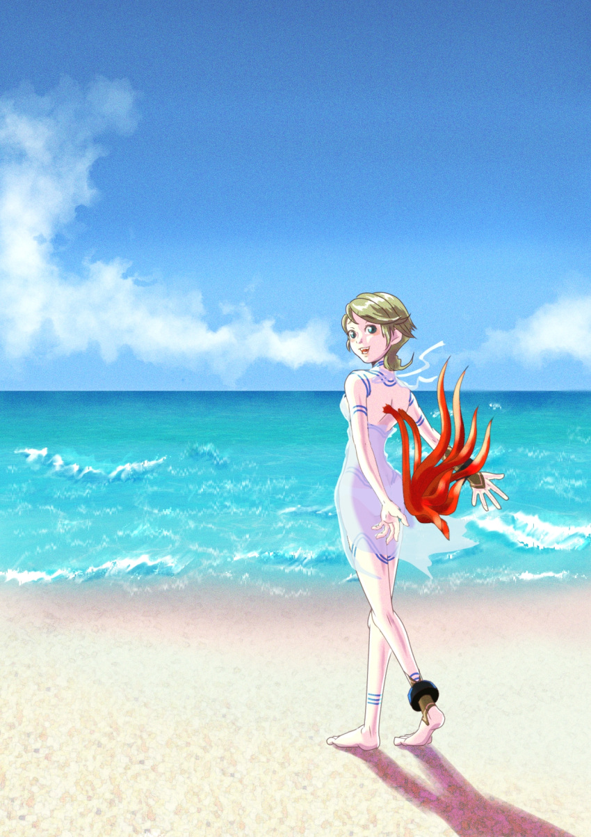 1girl barefoot blue_eyes breasts breath_of_fire breath_of_fire_v dress facial_mark full-body_tattoo full_body green_hair highres looking_at_viewer nina_(breath_of_fire_v) red_wings satori_ill short_hair solo tattoo white_dress wings