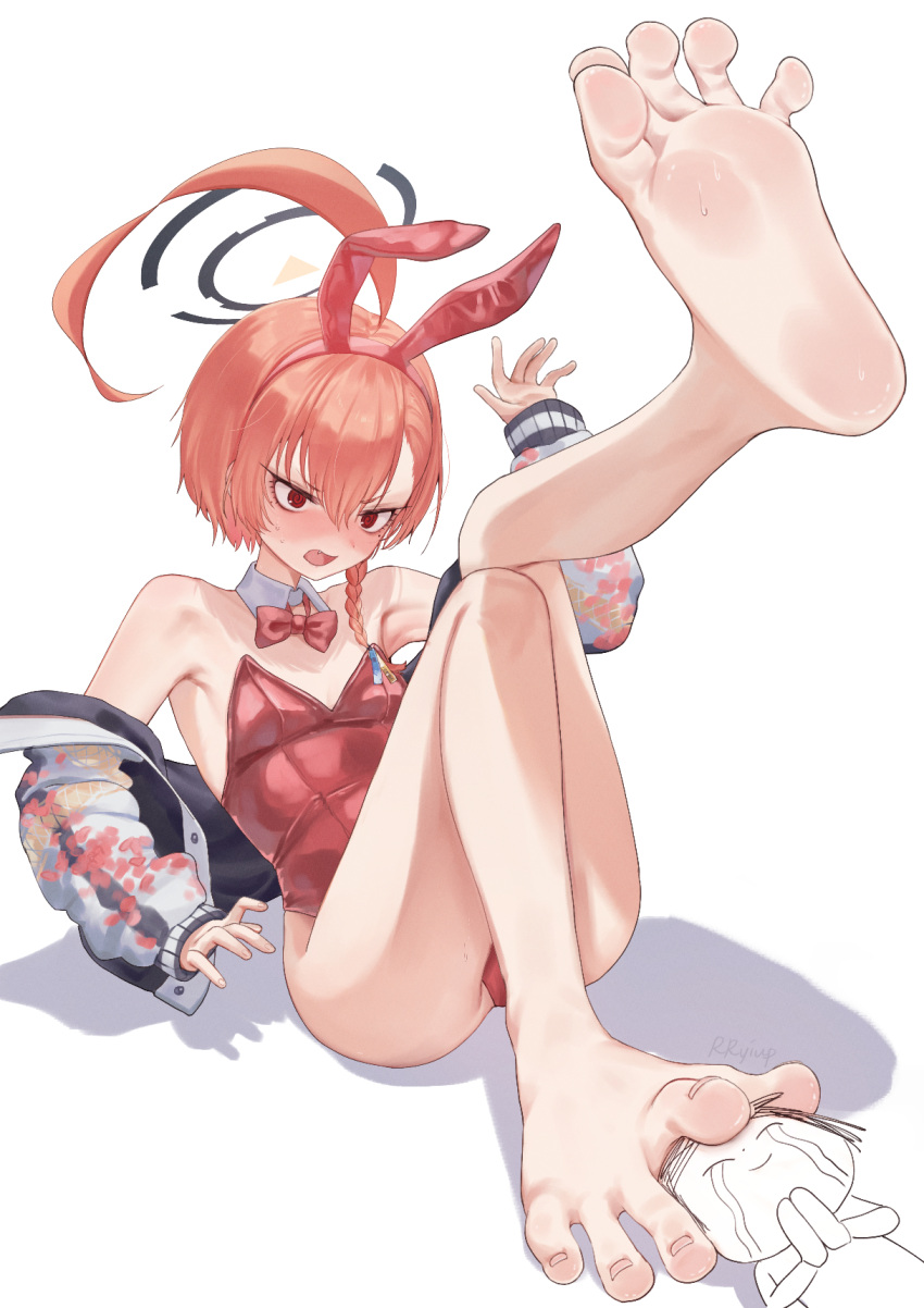 1boy 1girl ahoge arona's_sensei_doodle_(blue_archive) barefoot between_toes blue_archive blush fang feet foot_focus foreshortening greek_toe highres jacket knees_together_feet_apart legs neru_(blue_archive) open_mouth orange_hair playboy_bunny red_eyes rryiup sensei_(blue_archive) simple_background soles spread_toes sweat toenails toes white_background