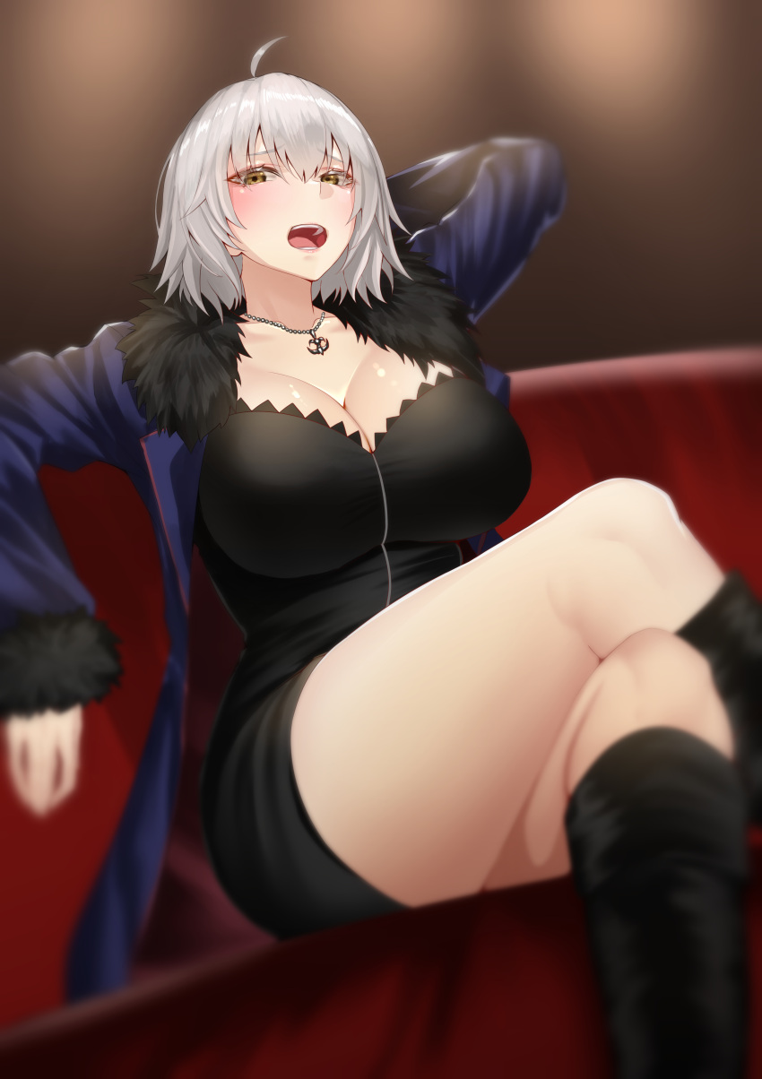 1girl absurdres ahoge arm_behind_head blonde_hair blue_coat blush boots breasts cleavage coat crossed_legs fate/grand_order fate_(series) fur-trimmed_coat fur_trim hair_between_eyes highres jeanne_d'arc_alter_(fate) jeanne_d'arc_alter_(ver._shinjuku_1999)_(fate) knee_boots large_breasts looking_at_viewer miso_tanuki necktie open_clothes open_coat short_hair sitting solo thighs yellow_eyes