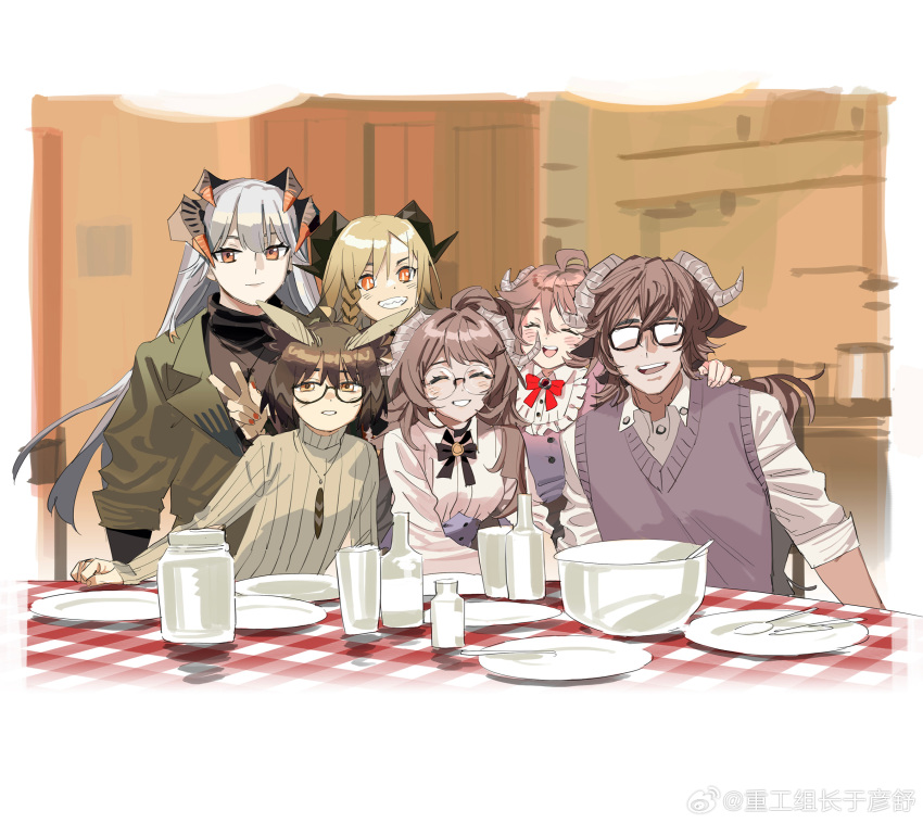 1boy 5girls ahoge animal_ears arknights blonde_hair bottle brown_hair eyjafjalla_(arknights) glasses grey_hair highres horns ifrit_(arknights) jewelry long_hair multiple_girls neck_ribbon necklace orange_eyes ribbon saria_(arknights) shirt silence_(arknights) smile tableware yuyanshu13