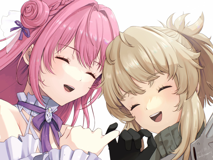 2girls armor bare_shoulders black_gloves blonde_hair braid closed_eyes commentary_request detached_sleeves dorothy_(nikke) dress flower-shaped_hair frilled_dress frills gloves goddess_of_victory:_nikke hair_bun hair_intakes highres long_hair multiple_girls open_mouth pink_hair pinky_swear pinne_(nikke) purple_ribbon ribbon short_ponytail shoulder_armor sidelocks simple_background single_side_bun sleeveless sleeveless_dress smile teeth upper_body upper_teeth_only white_background white_dress yamamori_kinako