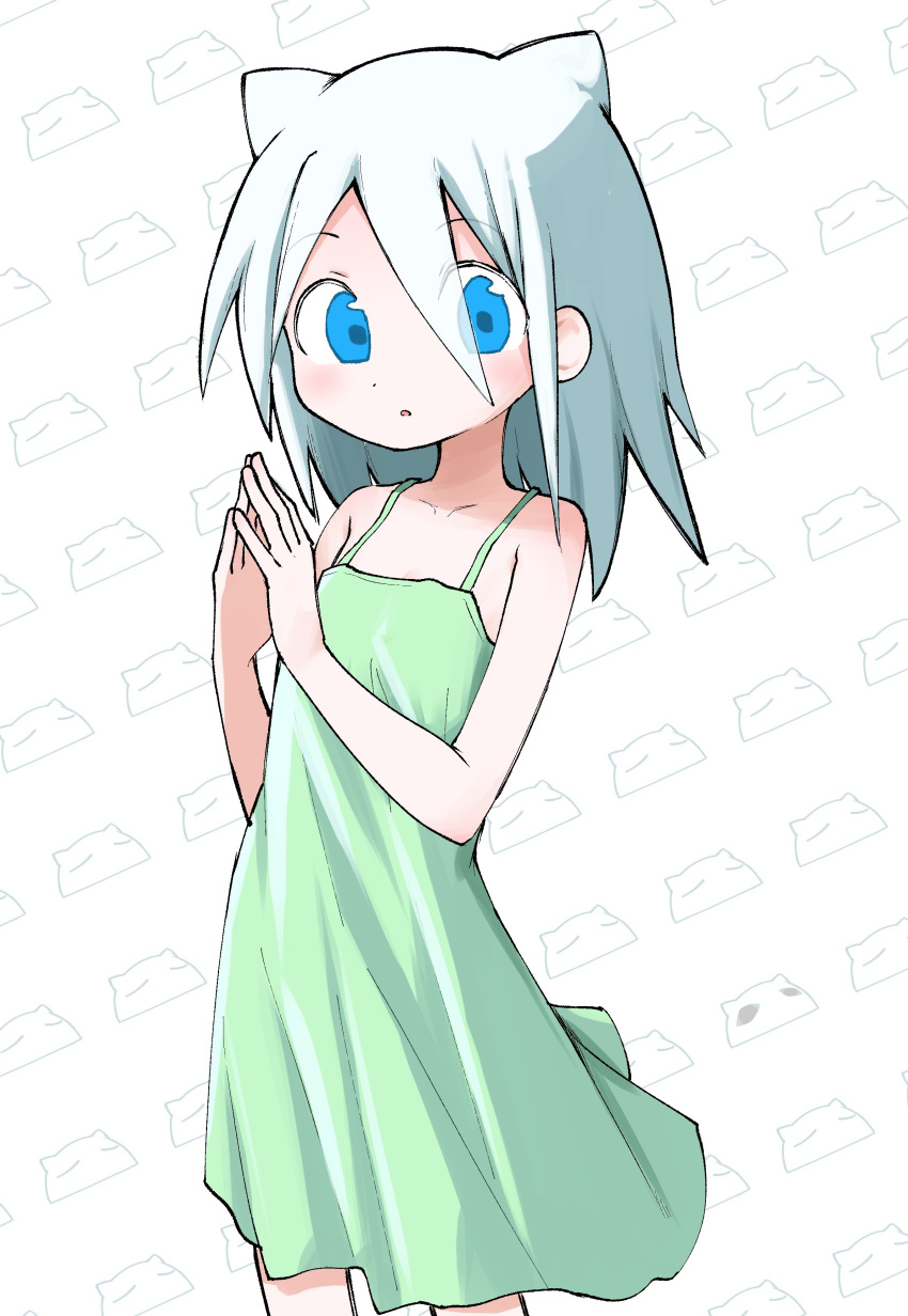 1girl absurdres blue_eyes blush collarbone cowboy_shot dress efra-chan green_dress hair_between_eyes hair_horns hands_up highres looking_at_viewer medium_hair moneko_(null-meta) null-meta own_hands_together parted_lips patterned_background short_dress sleeveless sleeveless_dress solo spaghetti_strap steepled_fingers takada_shiyuki white_background white_hair