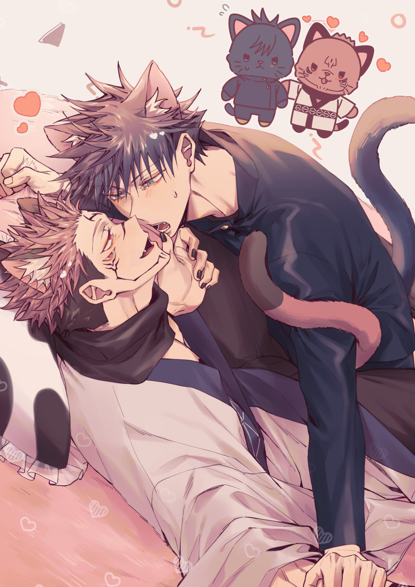 2boys absurdres animal_ears arm_tattoo azukiharuta_ju black_hair black_jacket black_nails blush cat_ears cat_tail character_doll extra_eyes eye_contact facial_tattoo fushiguro_megumi grabbing_another's_chin green_eyes hand_on_another's_chin heart highres imminent_kiss jacket japanese_clothes jujutsu_kaisen kimono long_sleeves looking_at_another male_focus multiple_boys open_mouth pink_hair red_eyes ryoumen_sukuna_(jujutsu_kaisen) scarf school_uniform short_hair spiked_hair sweatdrop tail tattoo teeth white_kimono wide_sleeves yaoi