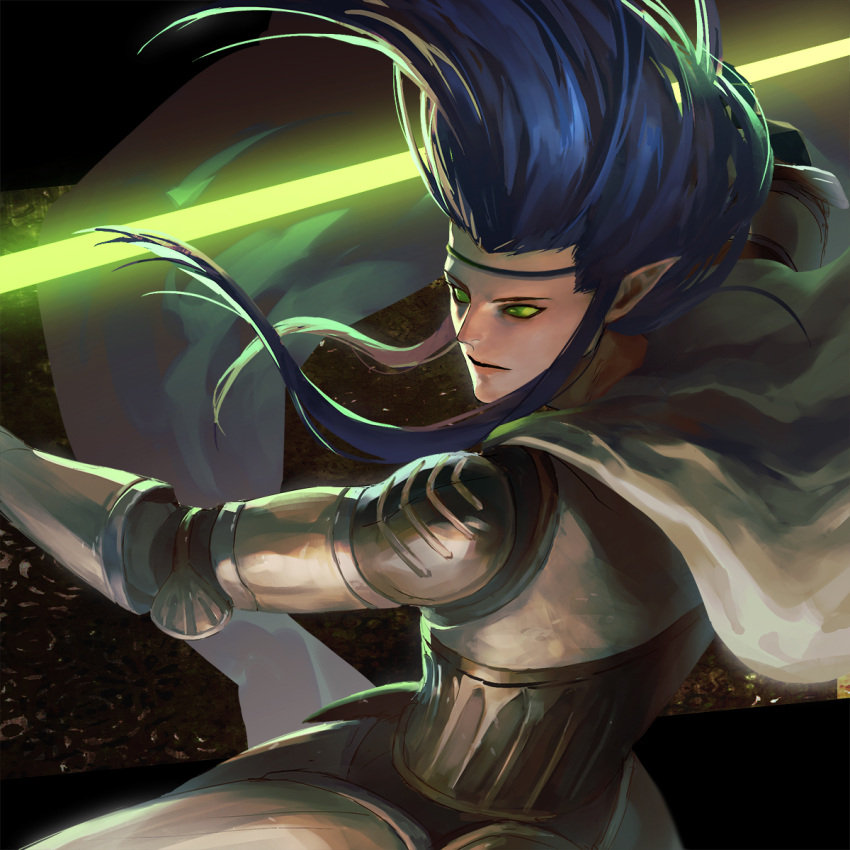 1boy armor cape circlet colored_sclera couter cu_chulainn_(megami_tensei) cuirass fighting_stance floating_hair full_armor gauntlets glowing glowing_weapon green_sclera highres holding holding_polearm holding_weapon long_hair looking_to_the_side male_focus no_pupils o_c_x pauldrons plackart pointy_ears polearm rerebrace shin_megami_tensei shin_megami_tensei_ii shoulder_armor sidelocks simple_background solo weapon white_cape