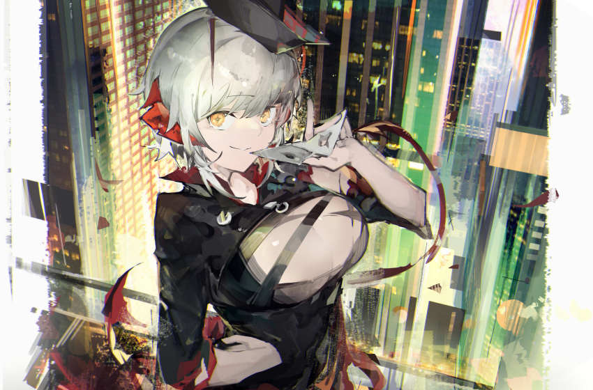 +_+ 1girl absurdres alternate_costume ambience_synesthesia arknights black_dress black_headwear breasts center_opening cityscape commentary demon_girl demon_horns demon_tail dress english_commentary eye_mask hand_on_own_hip hat highres holding holding_mask horns jumbowhopper large_breasts looking_at_viewer mask official_alternate_costume pointing pointing_up red_horns short_hair sidelocks smile solo tail upper_body w_(arknights) white_hair yellow_eyes