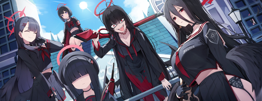 5girls ^_^ black_choker black_gloves black_hair black_serafuku black_wings blue_archive blunt_bangs blush bow bowtie breasts choker cleavage closed_eyes collarbone cropped_shirt ddangbi faceless faceless_female feathered_wings gloves gun halo hasumi_(blue_archive) highres holding holding_gun holding_weapon ichika_(blue_archive) justice_committee_club_member_(blue_archive) justice_task_force_(blue_archive) large_breasts looking_at_viewer mashiro_(blue_archive) midriff multiple_girls necktie outdoors pleated_skirt red_bow red_bowtie red_eyes red_halo red_necktie school_uniform serafuku side_slit sitting skirt tongue tongue_out tsurugi_(blue_archive) undone_necktie weapon wings