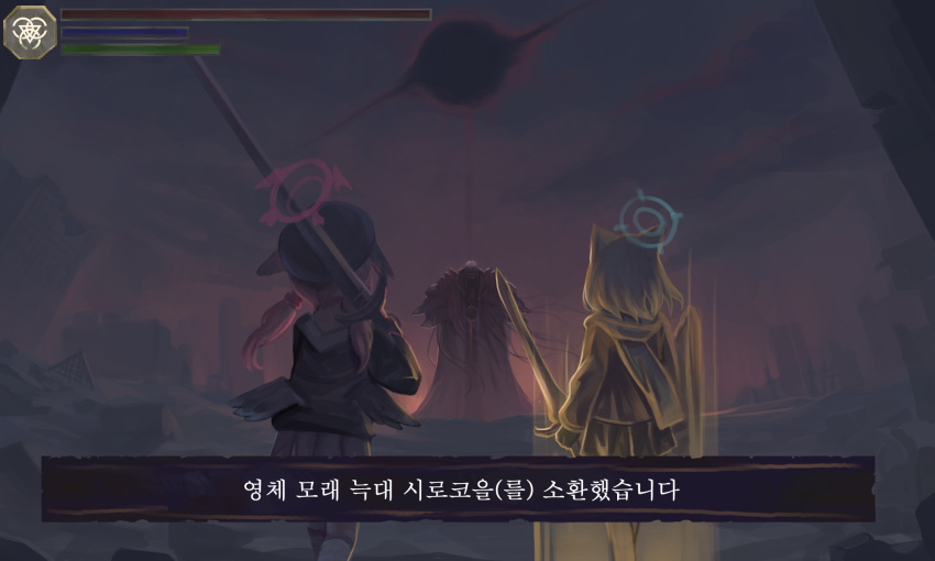 1other 2girls animal_ears beret biohazard_symbol black_headwear black_jacket black_shirt black_skirt black_wings blue_archive blue_scarf commentary_request dokomon feathered_wings glowing grey_hair hat health_bar highres holding holding_sword holding_weapon jacket koharu_(blue_archive) korean_commentary korean_text long_hair long_sleeves low_twintails low_wings multiple_girls outdoors parody_request pink_hair pleated_skirt puffy_long_sleeves puffy_sleeves purple_skirt scarf shiroko_(blue_archive) shirt skirt sky sword translation_request twintails user_interface weapon wings