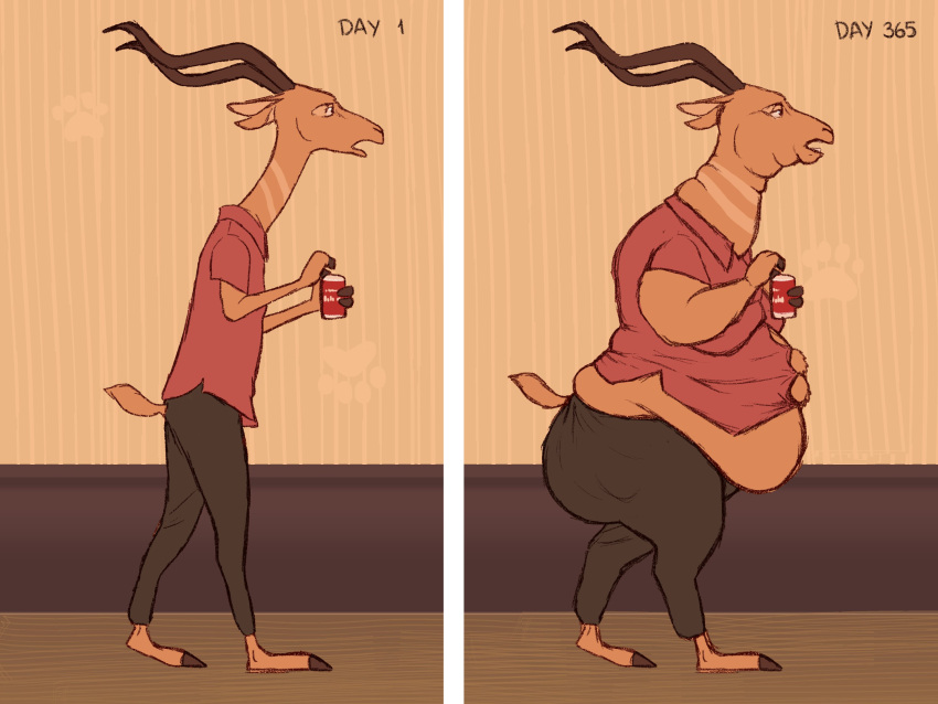 2021 alcohol ambiguous_gender antelope anthro beer belly belly_overhang beverage big_belly bovid bovine bucky_oryx-antlerson digital_drawing_(artwork) digital_media_(artwork) disney dragontzin english_text fit_to_fat hi_res kudu mammal obese obese_ambiguous obese_anthro overweight overweight_ambiguous overweight_anthro sequence solo spiral-horned_antelope text time_lapse weight_gain zootopia