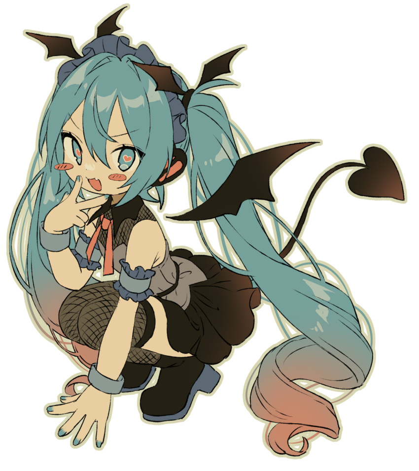 1girl aqua_eyes aqua_hair aqua_nails armband bare_shoulders black_footwear black_skirt black_tail black_wings blush bow bowtie collared_shirt demon_tail demon_wings fang fishnet_thighhighs fishnets frilled_armband frilled_hairband frills full_body grey_shirt hair_between_eyes hairband hatsune_miku headphones heart heart-shaped_pupils highres long_hair looking_at_viewer multicolored_hair open_mouth paya_(alunair) pink_bow pink_bowtie shirt skirt sleeveless sleeveless_shirt solo squatting symbol-shaped_pupils tail thighhighs twintails two-tone_hair v very_long_hair vocaloid white_background wings wrist_cuffs zettai_ryouiki