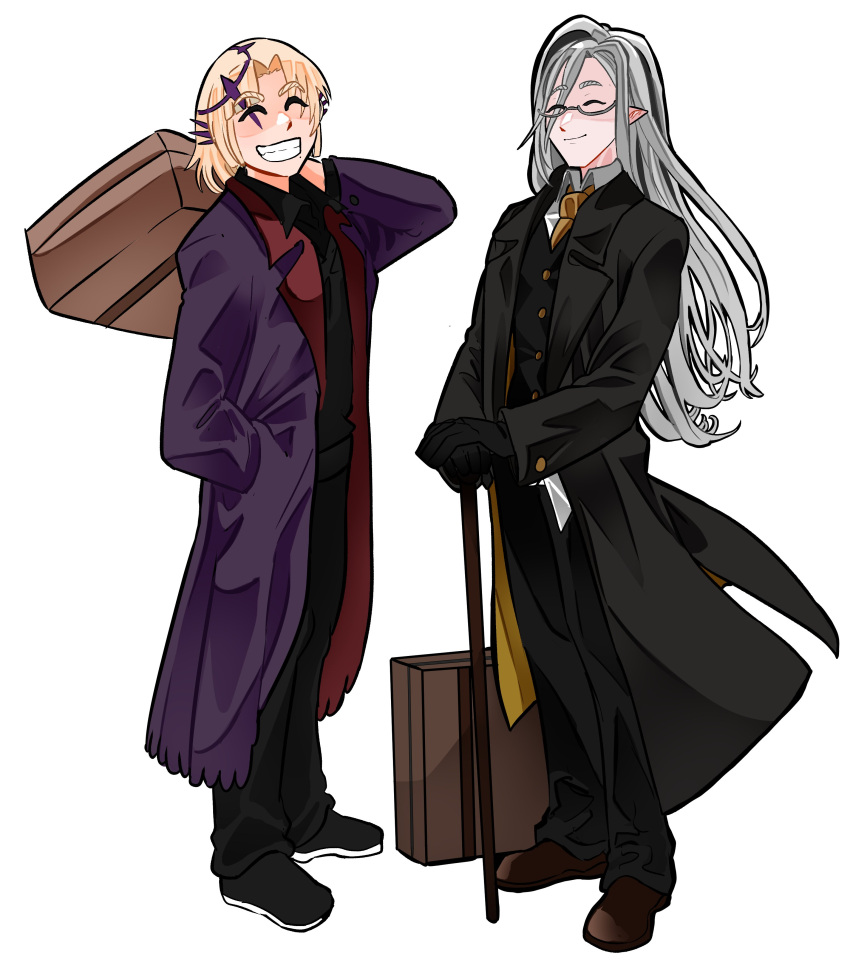 2boys absurdres black_footwear blonde_hair brown_footwear cane closed_eyes cosplay edward_elric edward_elric_(cosplay) english_commentary full_body glasses grey_hair grin hair_between_eyes highres holding holding_suitcase holostars holostars_english koizumi_arata long_hair magni_dezmond male_focus mole mole_under_mouth multiple_boys necktie noir_vesper pants pointy_ears short_hair simple_background smile spiked_ear_piercing standing suit suitcase virtual_youtuber white_background yellow_necktie