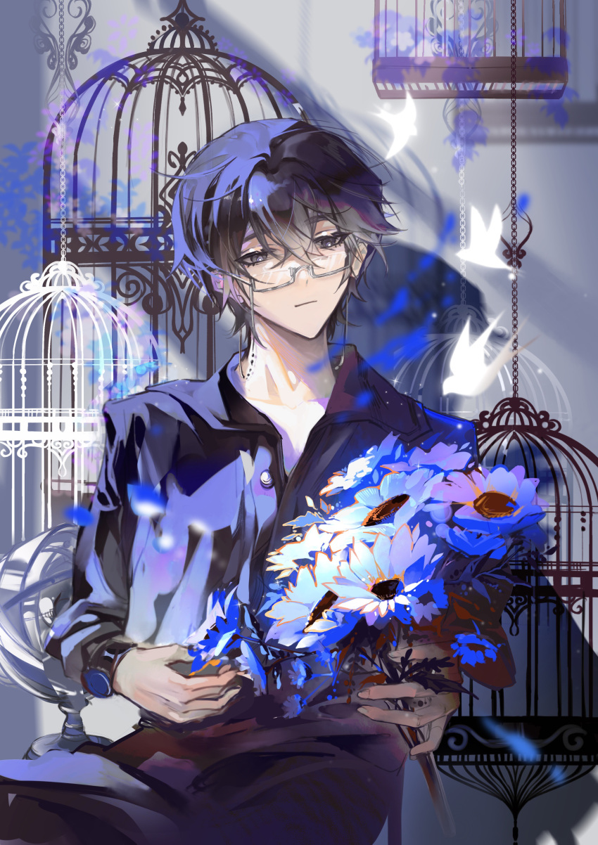 1boy absurdres bangs bishounen black_eyes black_hair bouquet buttons cage chain crossed_bangs eyewear_strap glasses highres holding holding_bouquet i_became_a_god_in_a_horror_game long_sleeves male_focus mu_ke semi-rimless_eyewear short_hair sitting smile solo under-rim_eyewear watch whiwhiwhi