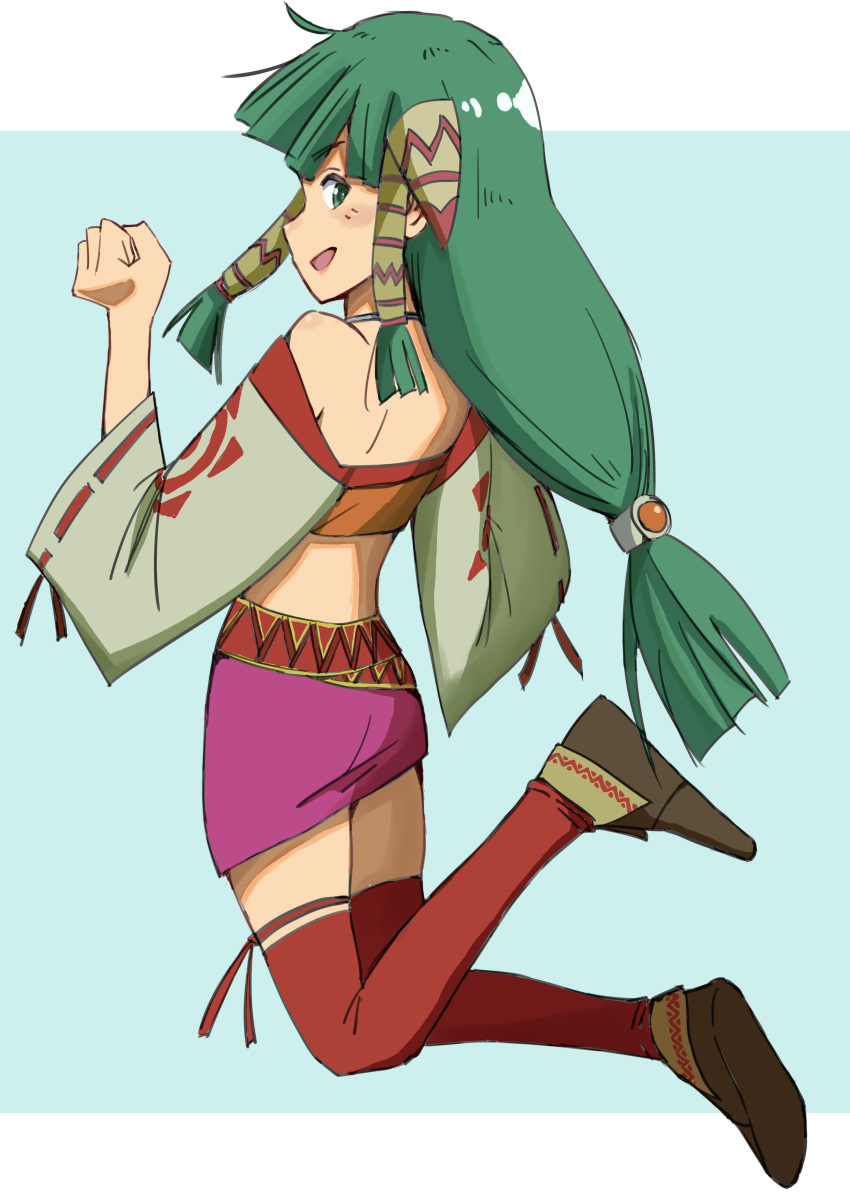 1girl absurdres feena_(grandia) full_body grandia grandia_i green_eyes green_hair hair_ornament hair_tubes haldeco highres jewelry long_hair looking_at_viewer low-tied_long_hair midriff open_mouth simple_background skirt smile solo thighhighs wide_sleeves