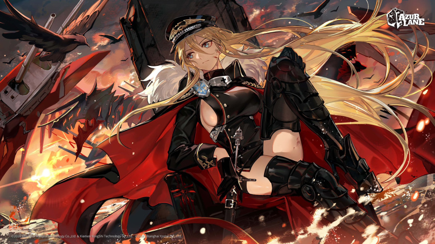 1girl aiguillette armored_boots azur_lane bird bismarck_zwei_(azur_lane) black_footwear black_gloves black_headwear blonde_hair blood blood_on_face blue_eyes boots breasts cape closed_mouth cloud cloudy_sky commentary copyright_name dirty dirty_face embers english_commentary expressionless full_body fur-trimmed_cape fur_trim gloves hair_between_eyes hand_on_own_knee hat high_heel_boots high_heels highres large_breasts logo long_hair looking_to_the_side mento military_hat ocean official_art peaked_cap rigging scabbard second-party_source sheath sheathed sideboob sitting sky smoke solo sword thighs throne turret two-sided_cape two-sided_fabric watermark weapon wind