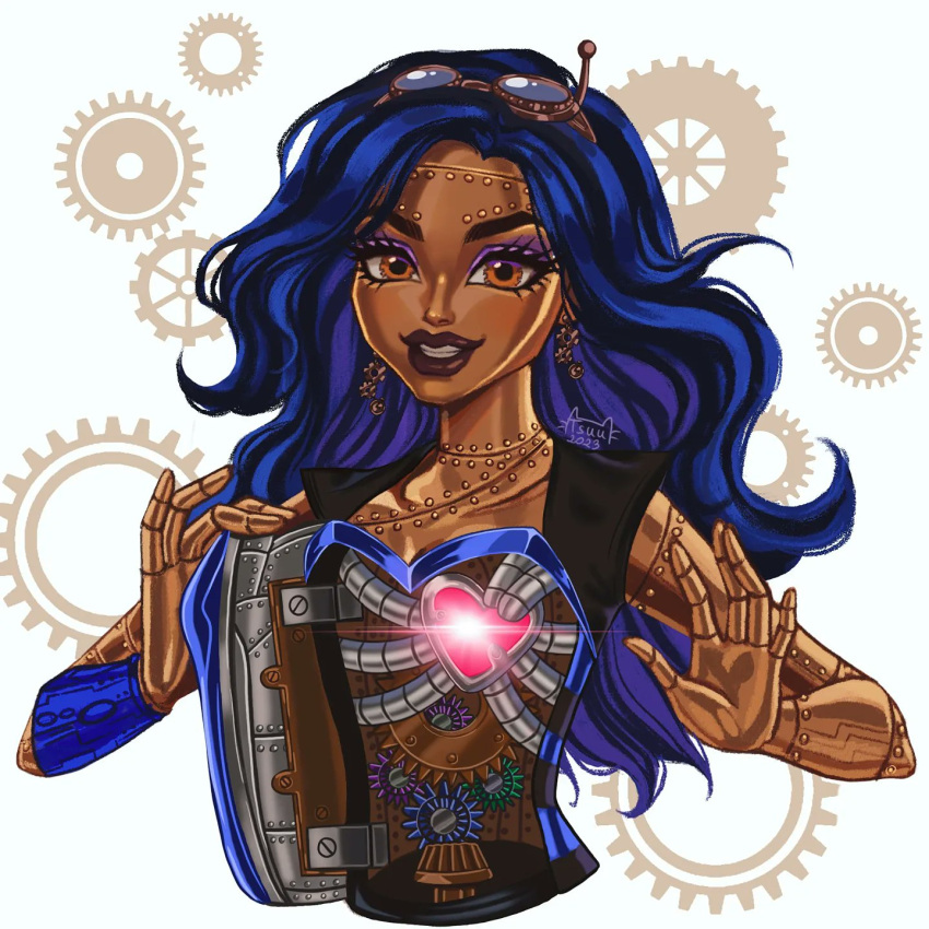 1girl arttsuu black_hair blue_hair brown_eyes dangle_earrings dark-skinned_female dark_blue_hair dark_skin earrings eyeshadow gears goggles heart highres jewelry light long_hair looking_at_viewer makeup metal monster_high purple_eyeshadow robecca_steam robot steampunk striped_hair