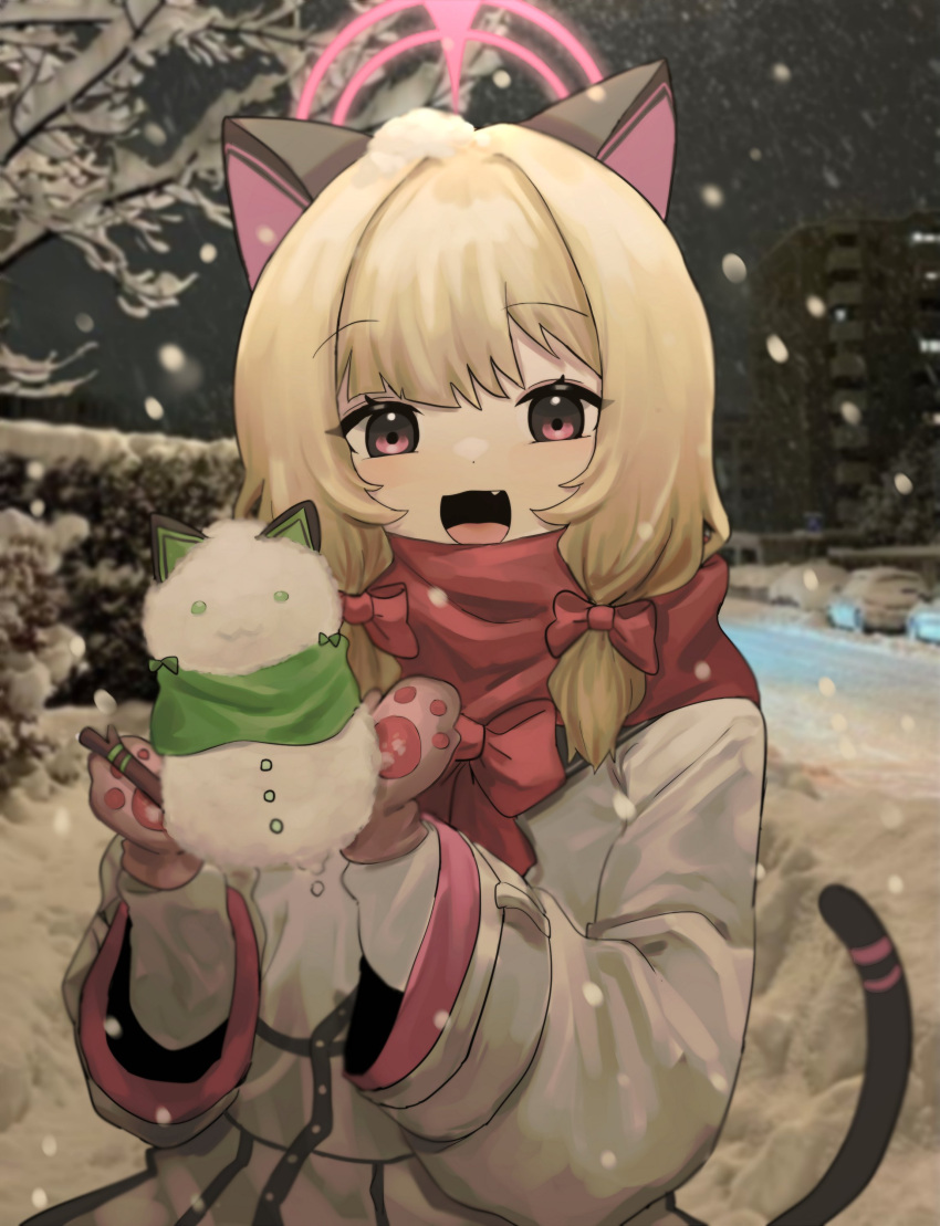 1girl absurdres animal_ears blonde_hair blue_archive blurry blurry_background bow brown_eyes cat_ears cat_tail character_snowman fang gloves halo highres midori_(blue_archive) momoi_(blue_archive) open_mouth pink_halo pong2 short_hair smile snow_sculpture snowing tail winter winter_clothes