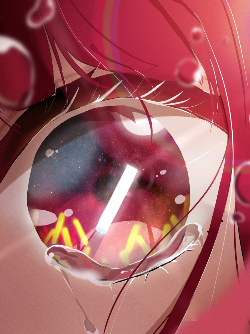 1girl arima_kana bob_cut crying crying_with_eyes_open eye_focus fuyutsuki_kei glowstick hair_between_eyes highres looking_at_viewer oshi_no_ko penlight_(glowstick) red_eyes red_hair short_hair solo solo_focus tears