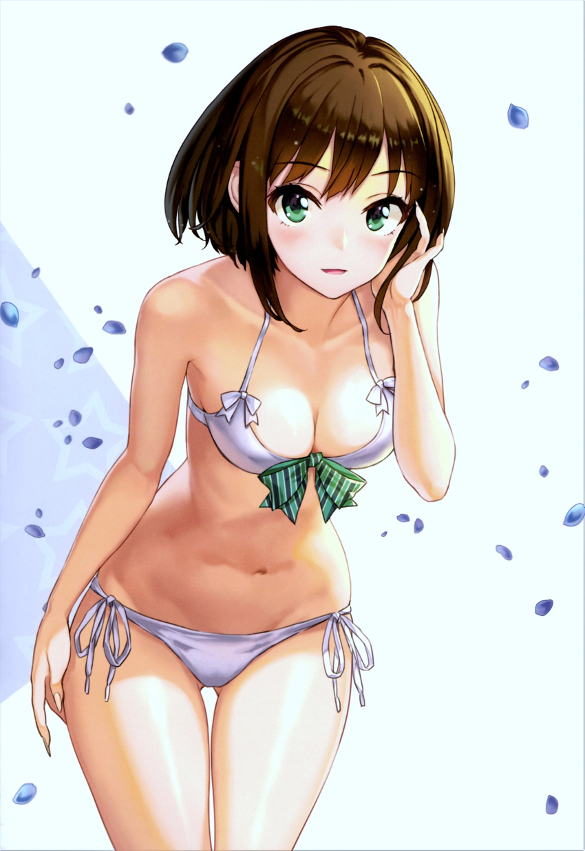 1girl absurdres alternate_hair_length alternate_hairstyle ass_visible_through_thighs bare_shoulders bikini blue_background blush bow breasts brown_hair cleavage collarbone cowboy_shot falling_petals fingernails front-tie_top green_bow green_eyes halterneck hamahama highres hip_focus idolmaster idolmaster_cinderella_girls leaning_forward long_fingernails looking_at_viewer medium_breasts navel parted_lips petals scan shibuya_rin shiny_skin short_hair side-tie_bikini_bottom simple_background smile solo striped striped_bow swimsuit thigh_gap thighs white_background white_bikini
