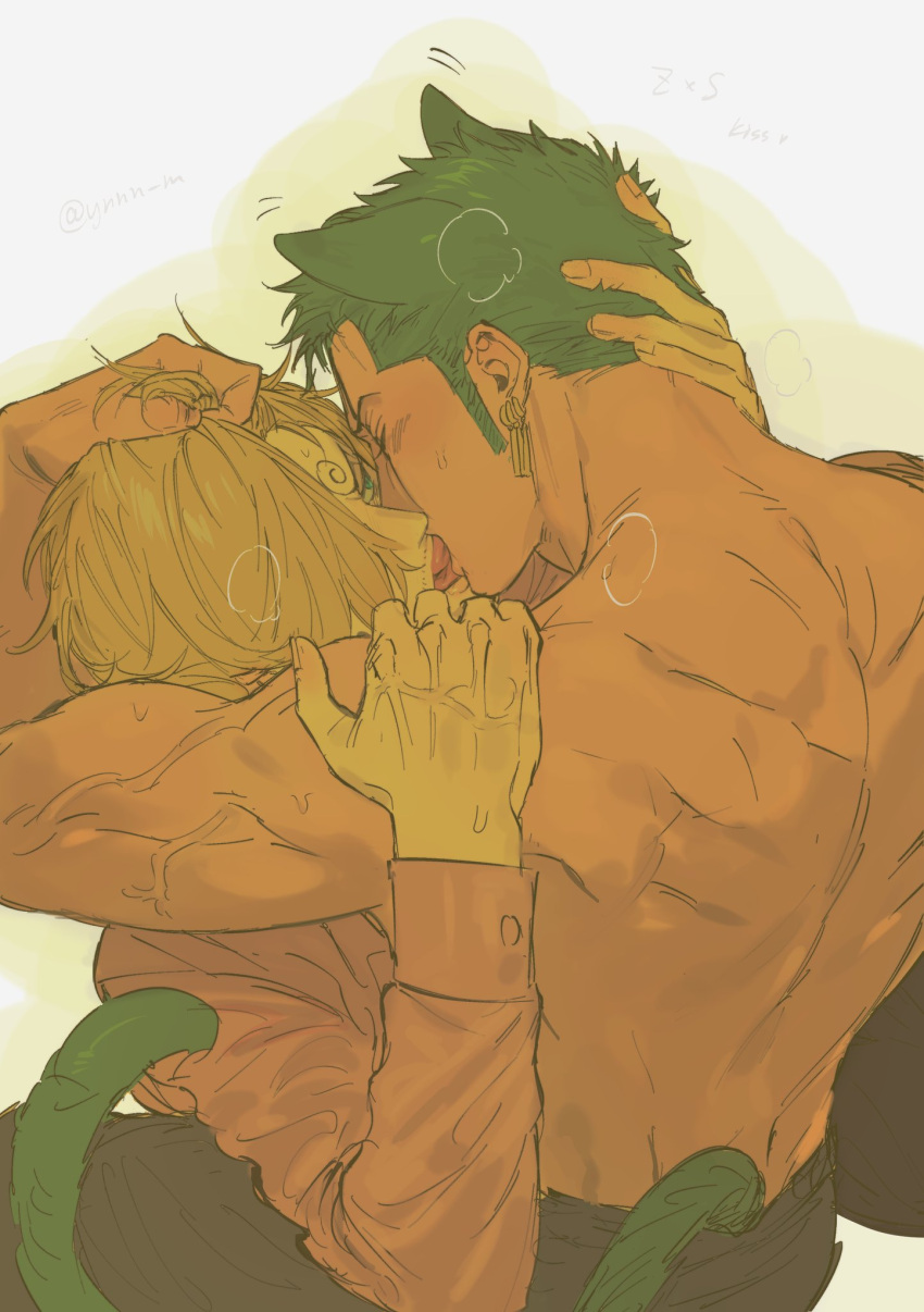 2boys animal_ears back bara biceps black_pants cat_ears cat_tail character_request earrings french_kiss green_hair green_tail hand_on_another's_head head_grab highres jewelry kiss male_focus multiple_boys muscular muscular_male one_piece pants roronoa_zoro sideburns tail topless_male veins veiny_arms white_background yaoi ynnn_m