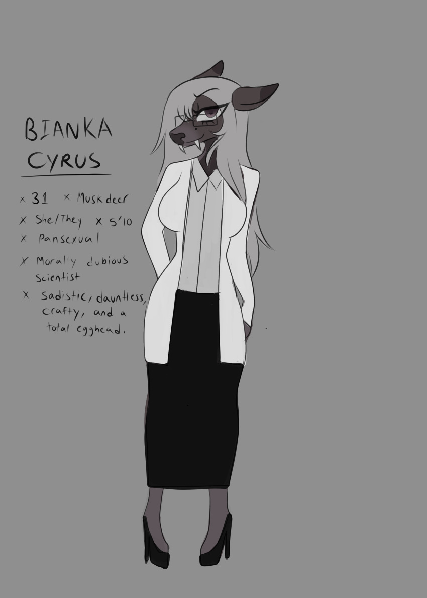 absurd_res anthro bianka_cyrus bottomwear clothing coat cumcadaver eyewear fangs female footwear glasses hi_res high_heels lab_coat mammal moschid musk_deer skirt solo teeth topwear