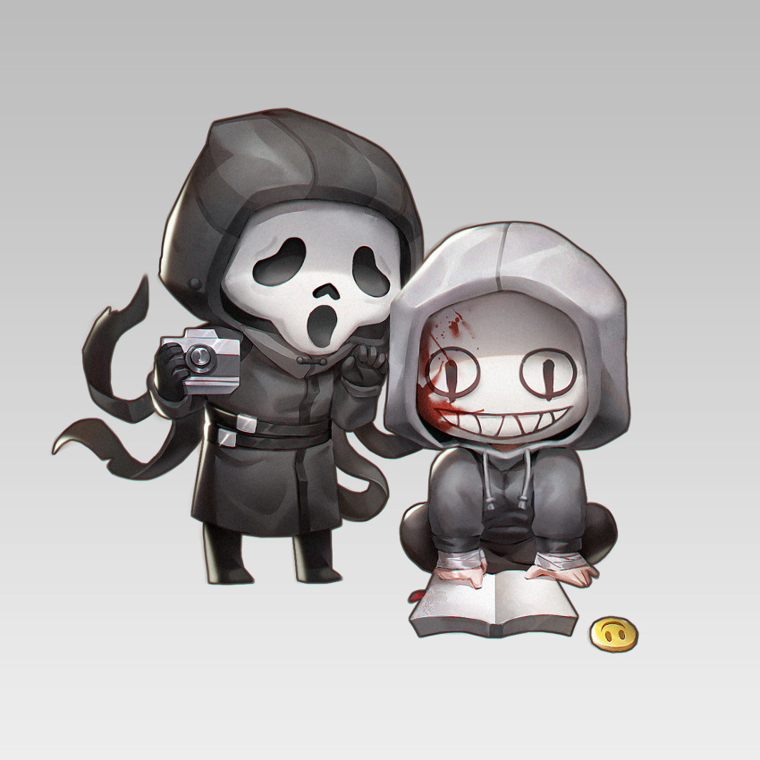 2boys bandaged_hand bandages belt belt_buckle black_belt black_coat black_footwear black_gloves black_hood black_pants blood blood_on_face book bookmark boots buckle camera chibi chinese_commentary clenched_hand coat commentary_request dead_by_daylight ghostface gloves gradient_background grey_background grey_hoodie highres holding holding_camera hood hood_up hoodie ina_zuma long_sleeves multiple_boys open_book pants sharp_teeth sitting slit_pupils smile smiley_face teeth the_legion_(dead_by_daylight) white_mask yaoi