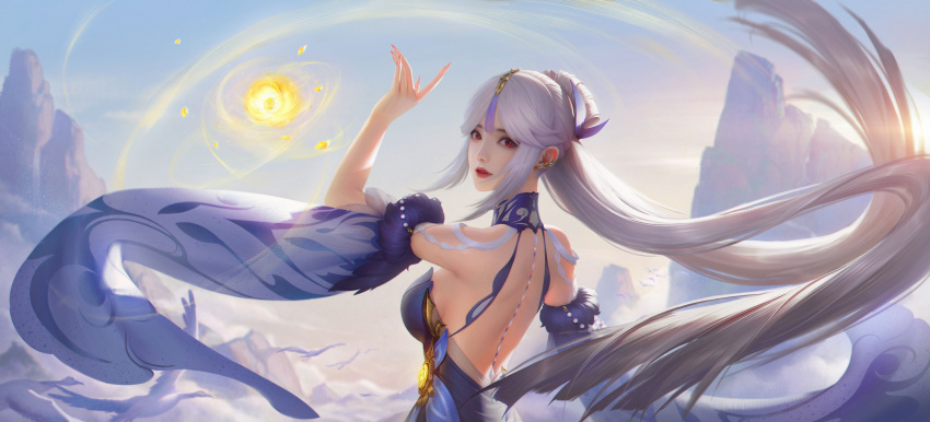 1girl absurdres arm_up blue_dress blue_sky canyue_yingguang detached_sleeves dress energy floating_hair from_side genshin_impact hair_ornament highres long_hair mountain ningguang_(genshin_impact) parted_lips red_eyes sky solo sun teeth upper_body white_hair