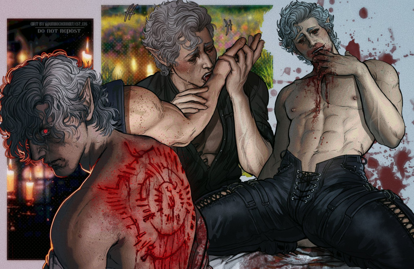 2boys abs astarion_(baldur's_gate) baldur's_gate baldur's_gate_3 bara black_pants black_shirt blood blood_from_mouth blood_on_hands blush body_markings closed_eyes crying crying_with_eyes_open grey_hair highres large_pectorals licking licking_hand male_focus multiple_boys muscular muscular_male navel nipples pants pectorals pointy_ears red_eyes shirt short_hair tears topless_male twitter_username umikochannart vampire yaoi