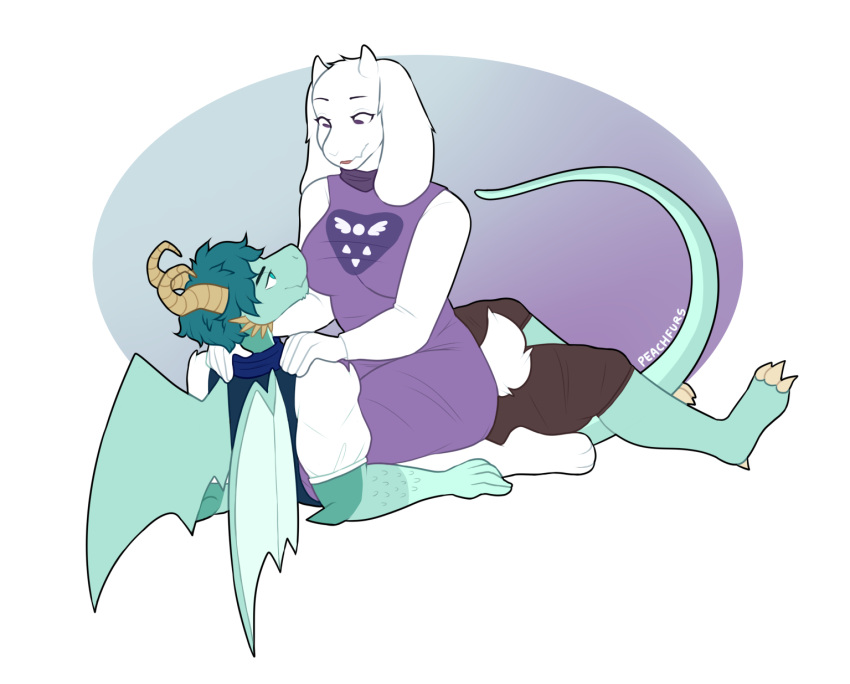 anthro bovid caprine chubby_female clothed clothing dragon duo female fur goat green_body green_scales hands_on_shoulders hi_res horn male male/female mammal peachfurs raxym_(dragon_sinner) robe scales scarf sitting_on_another tail toriel turquoise_hair undertale_(series) white_body white_fur