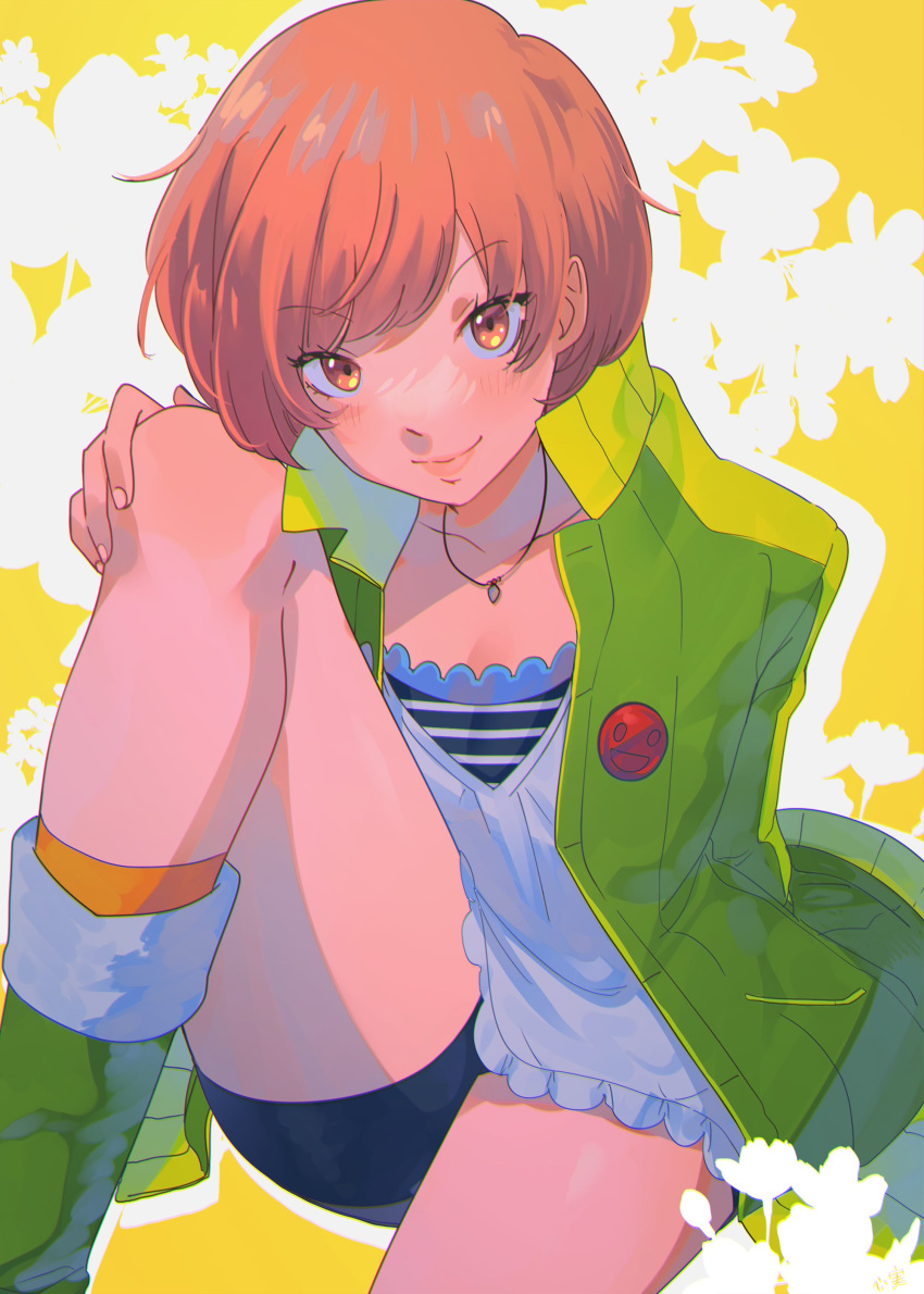 1girl absurdres arm_behind_back badge bike_shorts black_shorts blush breasts brown_eyes brown_hair button_badge closed_mouth collarbone commentary dress english_commentary feet_out_of_frame green_footwear green_jacket hand_on_own_knee hand_up highres jacket jewelry knee_up kokomi_(aniesuakkaman) lips long_hair long_legs looking_at_viewer medium_hair necklace open_clothes open_jacket parted_bangs persona persona_4 satonaka_chie shiny_skin shorts sitting smile smiley_face solo swept_bangs thighs white_dress yellow_background