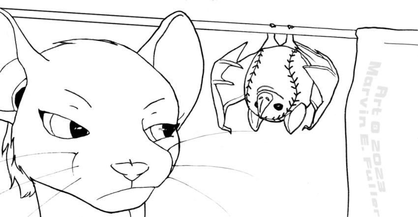 2023 adora_belle ambiguous_gender anthro ball banner baseball_(ball) bat black_and_white cybercorn_entropic dormouse duo female feral fur hair humor mammal membrane_(anatomy) membranous_wings monochrome pun rodent size_difference unimpressed upside_down visual_pun whiskers wings