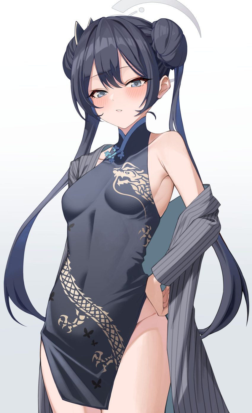 1girl absurdres armpits black_coat black_dress black_hair blue_archive blush butterfly_hair_ornament china_dress chinese_clothes coat commentary_request double_bun dress grey_eyes groin hair_between_eyes hair_bun hair_ornament halo hand_on_own_hip highres kisaki_(blue_archive) long_hair long_sleeves looking_at_viewer no_panties noa_(noa01010) open_clothes open_coat parted_lips pelvic_curtain side_slit sidelocks simple_background sleeveless sleeveless_turtleneck_dress solo twintails white_background